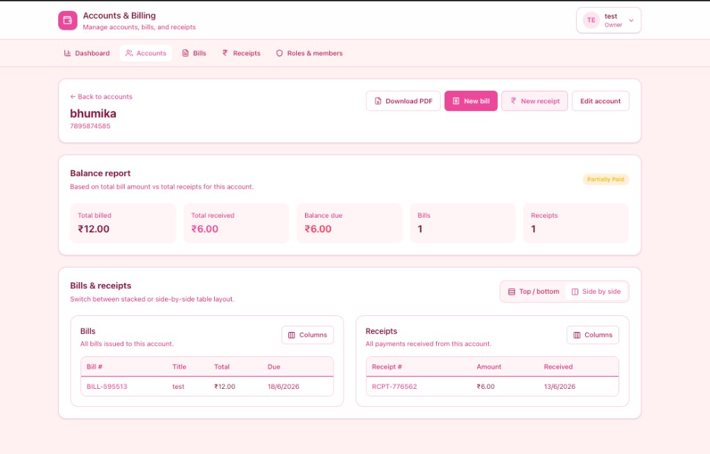 Balance report, bills & receipts