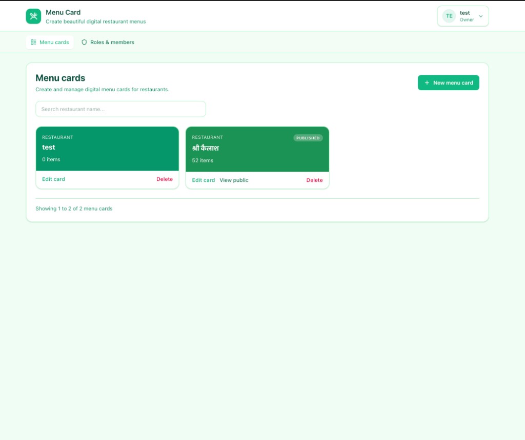 Manage all menu cards