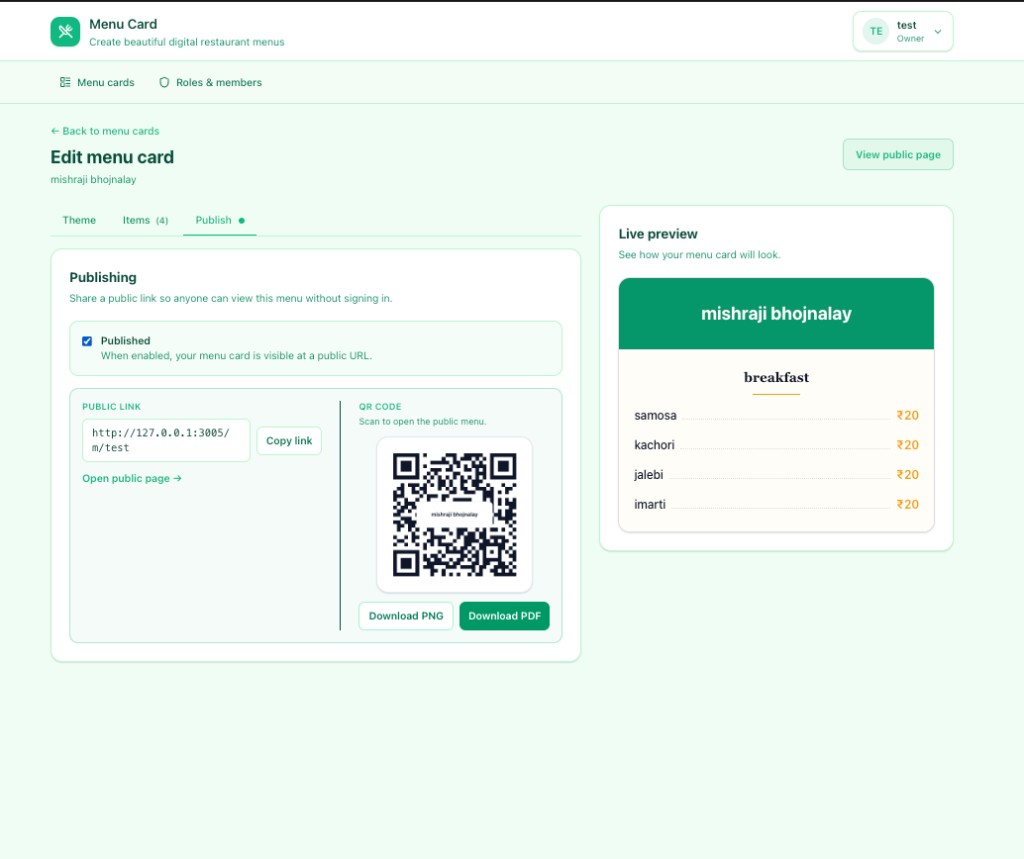 Publish link and download QR codes